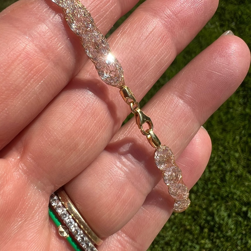 14K-Made In Italy- CZ in 14K Gold Mesh 7.5” Bracelet- SPARKLES GALORE!